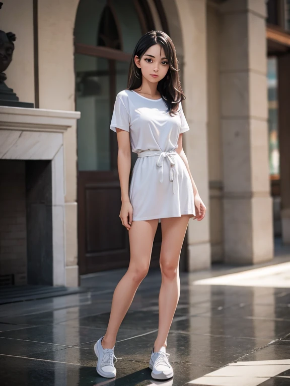 White T-shirt, Adorable,Hail 33, 18-year-old(1.0),(Scattered beneath the surface:1.1),Sharp focus,Award-winning photo,Professional portrait photography,RAW Photos (Highly detailed background:1.2),(Fantasy:0), Dramatic lighting, Full body portrait, Are standing, Full body photo, Full body photograph, Full Body Shot,