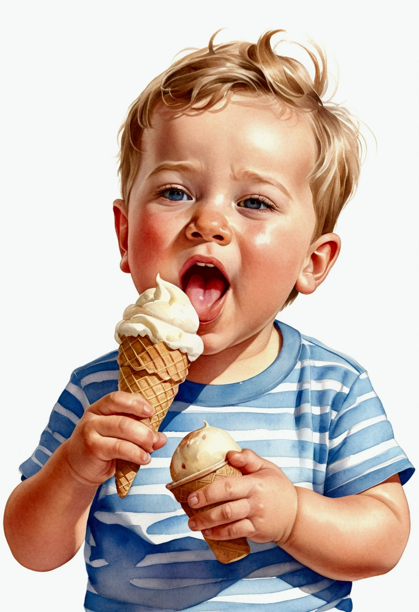 realistic, detailed illustration, 1 boy, toddler, two-year-old, eating ice cream cone, joyful expression, eyes closed, soft warm colors, fine details, simple background, hand-painted style, digital art touch,Watercolor