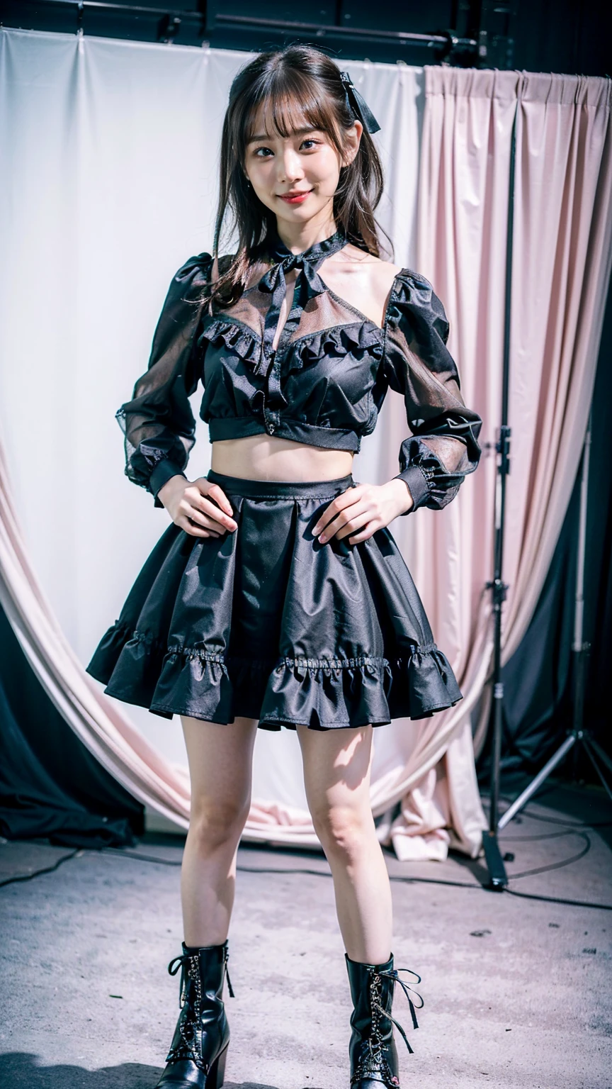 (8k、RAW Photos、Highest quality、masterpiece:1.2)、(Realistic、Realistic)、1 Girl、((Pink and black see-through dress、smile、ribbon、mini skirt、Dark Stage、Belly button、Exposed Skin、whole body、boots、View from the front、Looking at the camera、Stand with hands on hips))、cute