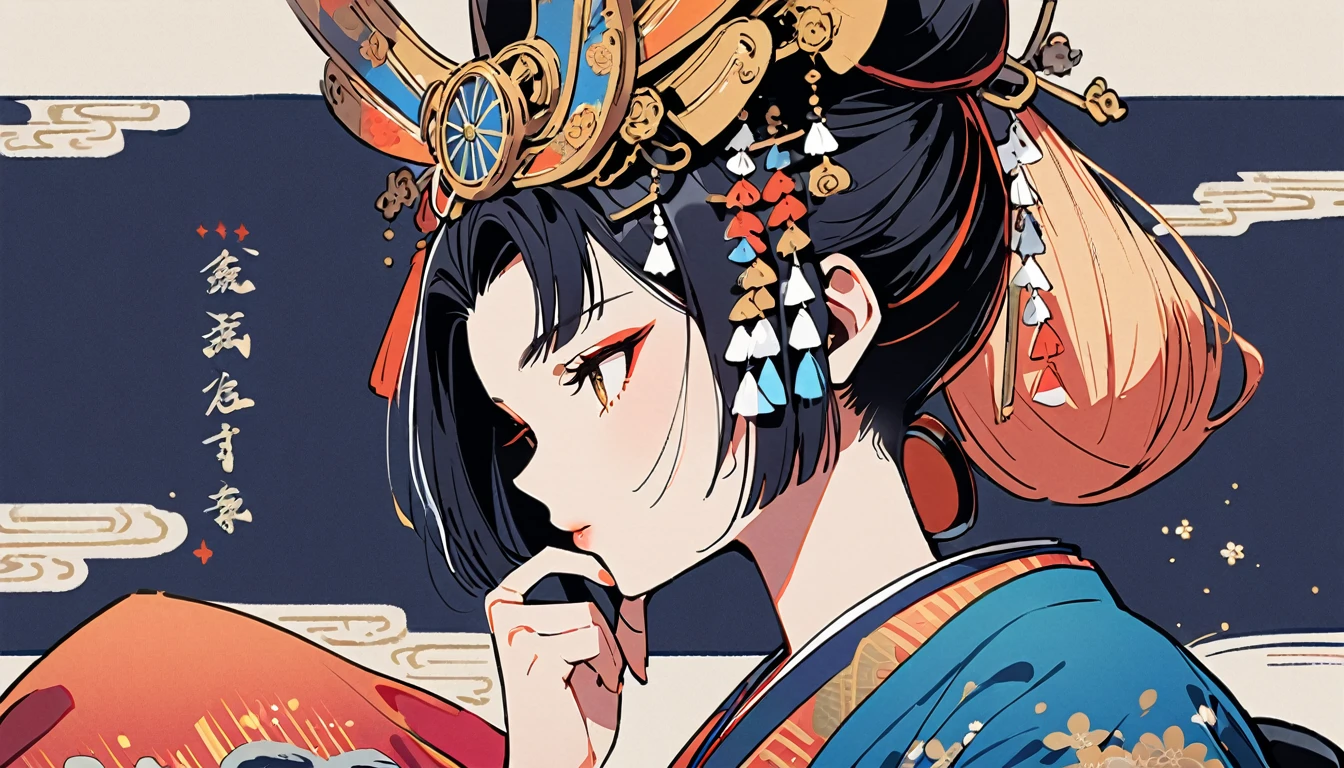 (((1 girl))), (((Oiran))), (((Very flashy hair accessories))), (((Very fancy kimono))), Japanese style headphones, face close-up, Japanese Beauty, Black Hair, Delicate and precise, Modern ukiyo-e style, vivid color