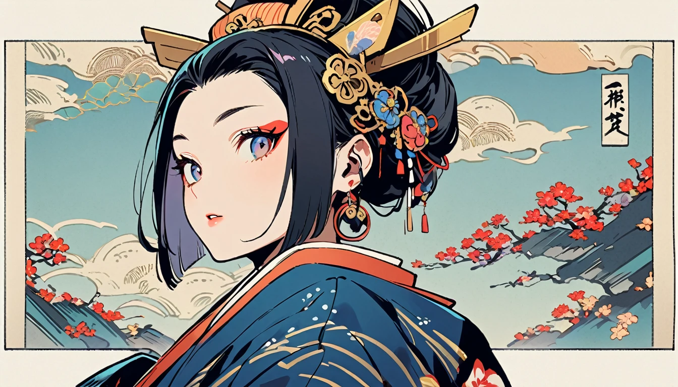 (((1 girl))), (((Oiran))), (((Very flashy hair accessories))), (((Very fancy kimono))), Japanese style headphones, face close-up, Japanese Beauty, Black Hair, Delicate and precise, Modern ukiyo-e style, vivid color