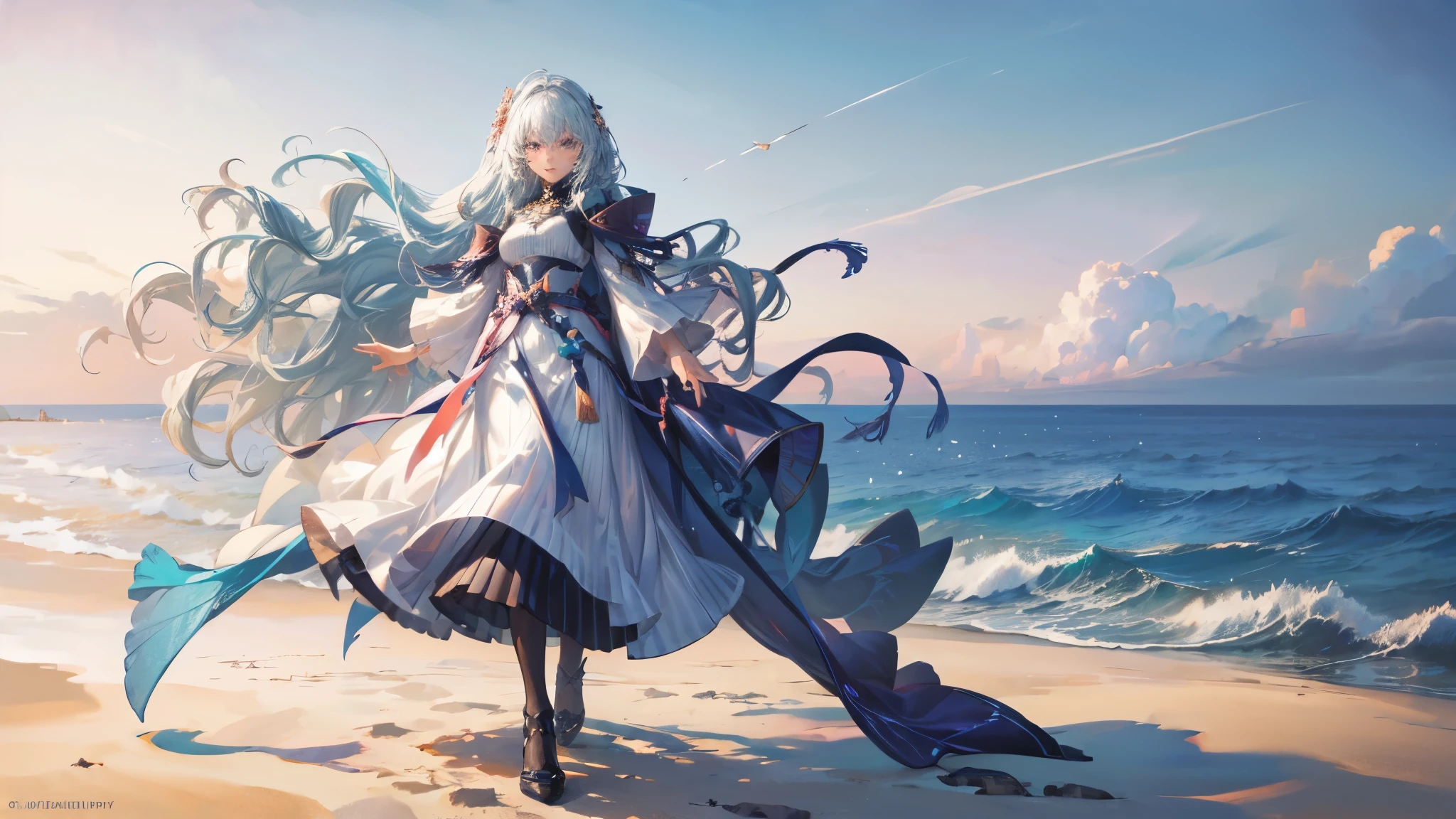 (masterpiece,Highest quality,8k,Very detailed:1.3), (Landscape Photography:1.5),A girl is standing on the beach,(Extreme long shot:1.6),Perfect Face,Perfect Eyes,Anime Style,(((Vision,Expansive views,horizon))),Breeze,Swinging Hair, clear ocean,blue sky,White sand beach,bright small shells,bright, Detailed Background,Super Fine,Fine-grained, Pretty face, Perfect breasts