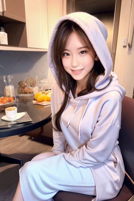 a beautiful detailed girl with semi-long hair, extremely detailed and exquisite facial features, peerless beautiful girl, wearing an oversized two-tone color hoodie dress, hood down, slender figure with small breasts, exposed thighs, sweet shy smile showing teeth, soft and dreamy quality, light white and dark brown color tones, exaggerated facial features, solid color background, surreal style, ultra-high resolution, beautiful, cute and lively expression, 