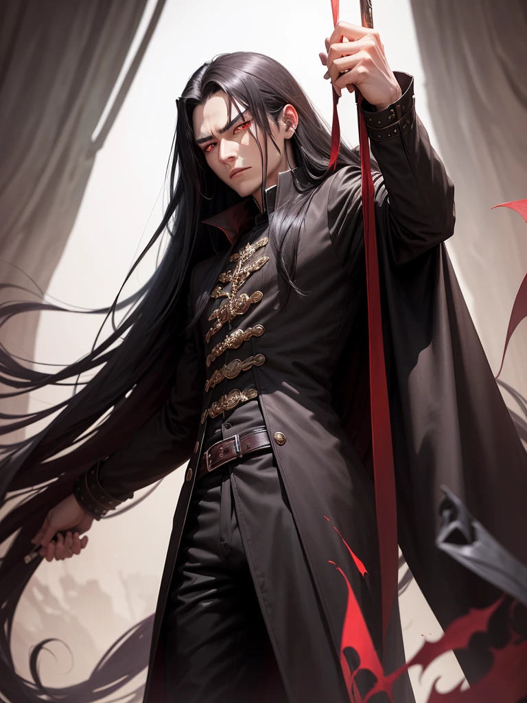 Demon king, long black hair, wearing long brown coat, black boots, black trouser, and white shirt. Intimidating striking red eyes