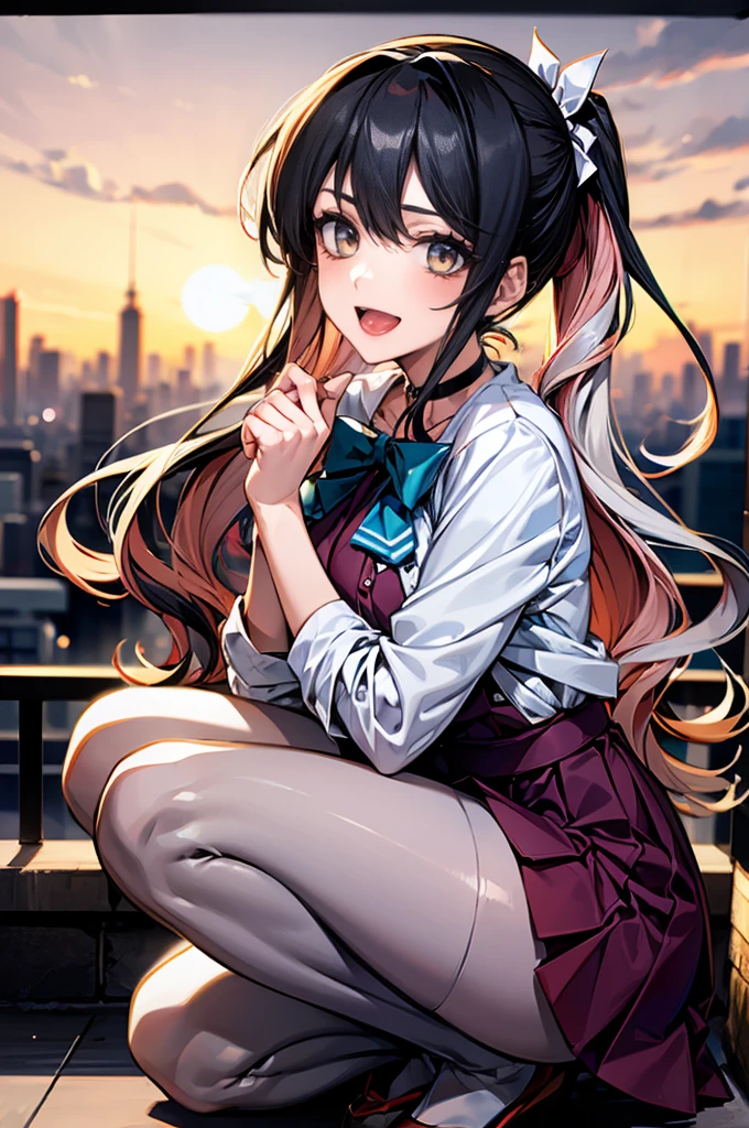 masterpiece, best quality, highres, hmngnm, Naganami \(kancolle\),  beautiful detailed hair, beautiful detailed face, beautiful detailed eyes, beautiful clavicle, beautiful body, beautiful chest, beautiful thigh, beautiful legs, beautiful fingers, looking at viewer, 1 girl, japanese, high school girl, perfect face, (perfect anatomy, anatomically correct), cute and symmetrical face, babyface, , shiny skin, (long hair:1.7, ponytail:1.6, silver hair), hair between eyes, dark red eyes, long eye lasher, (medium breasts), slender, , (beautiful scenery), evening, (park, cityscape in the distance), squatting, , (lovely smile, upper eyes, open mouth),
multicolored hair, white hairband, white jacket, purple dress, , grey pantyhose, aqua bowtie, long sleeves, cowboy shot, choker