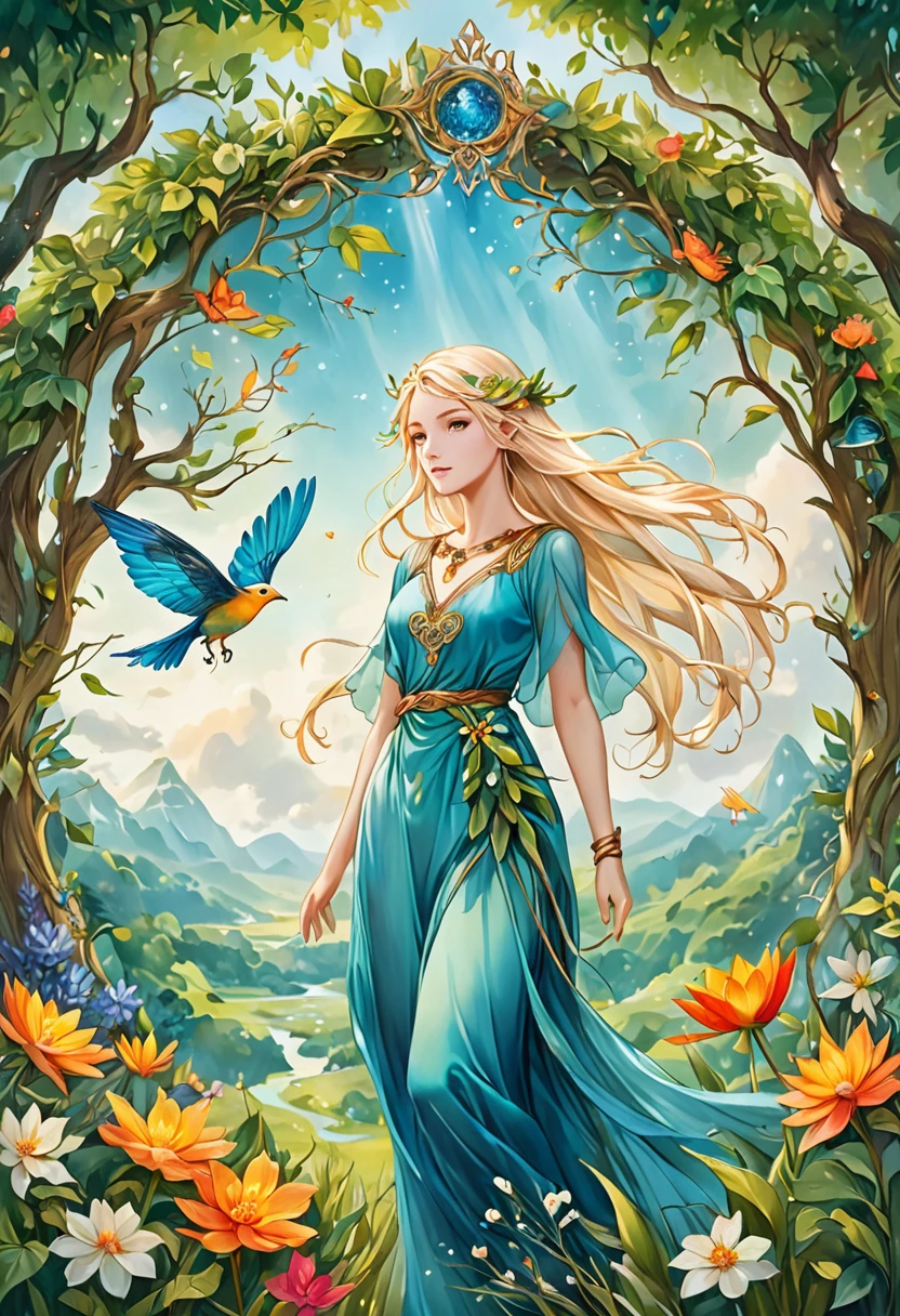 Present an image of a mystical half-elf druid with ethereal white-blonde hair caught in the breeze and enchanting blue-green eyes, symbolizing wisdom and her profound connection with nature. She is adorned in an elegant flowing blue dress and beautiful golden jewelry, all set in an enchanting, colorful and vibrant nature in the style of a traditional fantasy painting. The image takes inspiration from a medium format camera, illustrating the lush greenery and vibrantly colored flowers associated with the mystical character. Note that the approach should mirror the exquisite attributes of a Hasselblad X1D II 50C, capturing details with perfection, embracing the essence of this nature-inspired fantasy scene.