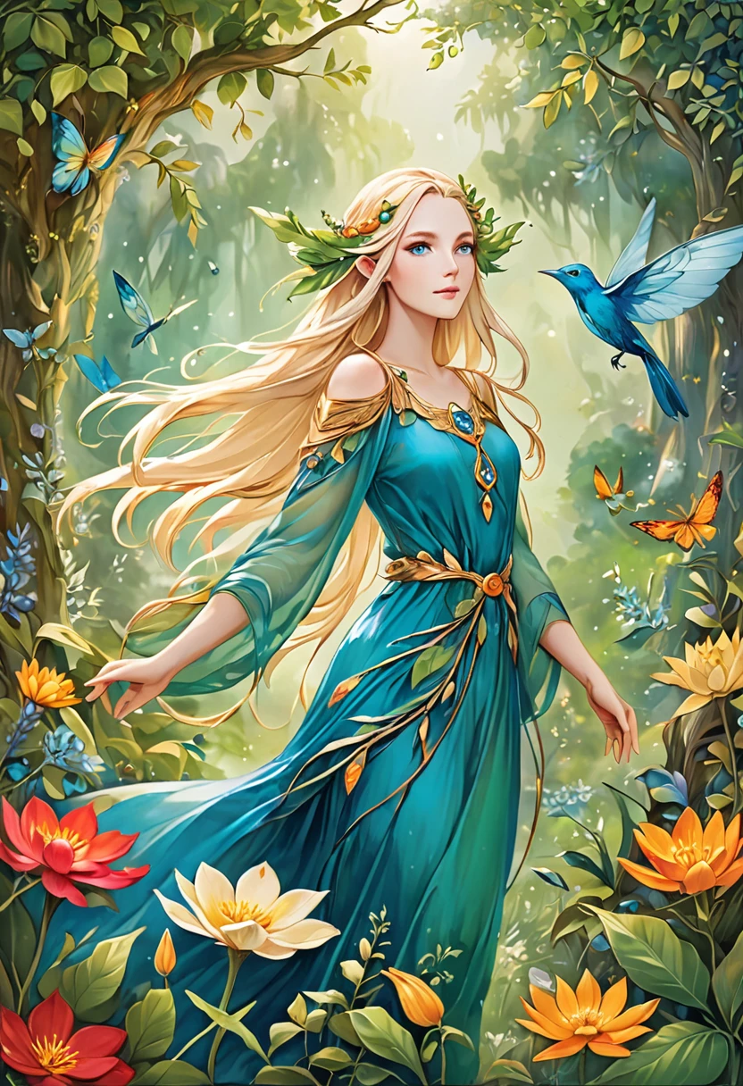 Present an image of a mystical half-elf druid with ethereal white-blonde hair caught in the breeze and enchanting blue-green eyes, symbolizing wisdom and her profound connection with nature. She is adorned in an elegant flowing blue dress and beautiful golden jewelry, all set in an enchanting, colorful and vibrant nature in the style of a traditional fantasy painting. The image takes inspiration from a medium format camera, illustrating the lush greenery and vibrantly colored flowers associated with the mystical character. Note that the approach should mirror the exquisite attributes of a Hasselblad X1D II 50C, capturing details with perfection, embracing the essence of this nature-inspired fantasy scene.