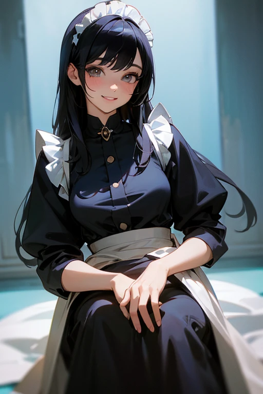 (Highest Resolution, clear_image) Highest quality, single, One woman, alone, masterpiece, Very detailed, Semi-realistic, Black Hairのショートヘア, Black Hair, bangs, 18-year-old, mature, Light blue , Indoor Background, kind, Authoritative, Powerful, exquisite features, exquisite features、Eyelashes become longer、Showing teeth、smile😀、Maid clothes、woman'Fingers in the、Long Hair、Fluttering in the wind、((Field))