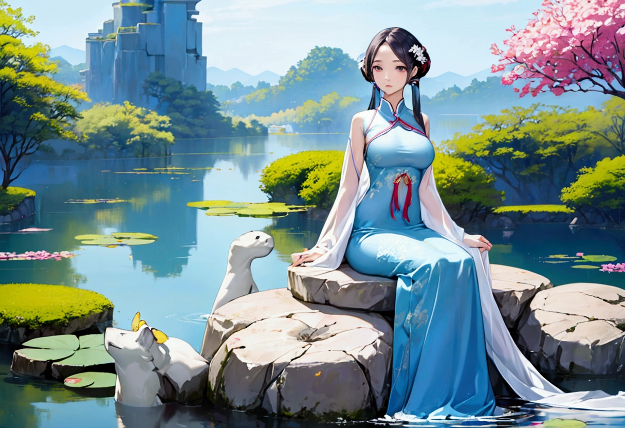 There is a blue dress, 16 long legs, a clock work robot (obvious gears and mechanical seams) woman sitting on a rock in the water, standing elegantly on a lotus flower, mechanical beauty, wearing a blue cheongsam, court, a girl in Hanfu, wearing a blue cheongsam, full of fairy Xia, in the pond, white Hanfu, a stunning young ethereal figure, flowing dress, light blue, hair behind ear
