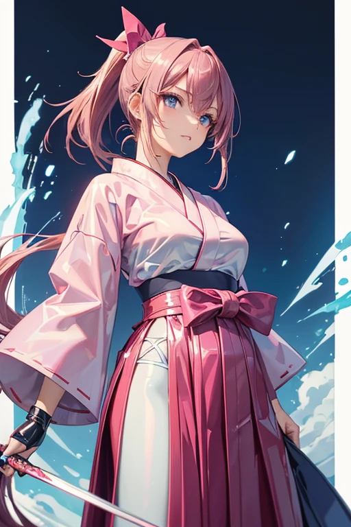 Perfect Anatomy　Highest quality,Highest Resolution,(((dark pink hair　ponytail　Blue and white latex hakama )))　Furai no Shiren　Asuka　Sword　cool　22 years old　woman