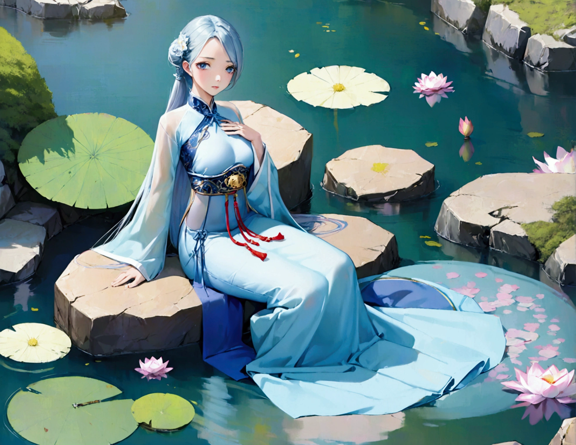 There is a blue dress, 16 long legs, a clock work robot (obvious gears and mechanical seams) woman sitting on a rock in the water, standing elegantly on a lotus flower, mechanical beauty, wearing a blue cheongsam, court, a girl in Hanfu, wearing a blue cheongsam, full of fairy Xia, in the pond, white Hanfu, a stunning young ethereal figure, flowing dress, light blue, hair behind ear
