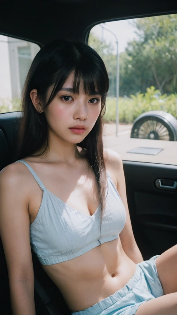 RAW photo, (Polaroid Photos, Photos that look like they were taken with a Polaroid camera:1.1),
Strong fluorescent light, Sitting woman, 25 me, (hair bangs:1.2), (cyberdelic hair, Spiral Hair:1.36),faint lips, cowboy shot, front-view, Wear a blue Hawaiian shirt with floral patterns., Rural landscape, On the seat, Her calm expression and gentle breathing create a calming atmosphere.,, natural skin texture, hyperrealism, HDR, hyperdetailed, RAW photo, photorealistic portrait, bestquality, highres, Realistic, 10, caustics, Dynamic lighting, beautiful and delicate lips, delicate fingers, detailed pupil, Real human skin,
