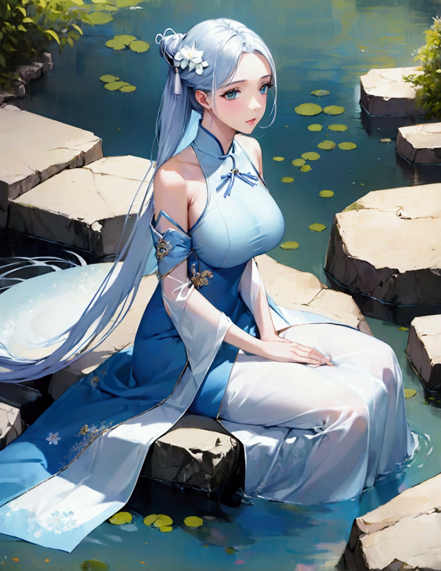 There is a blue dress, 16 long legs, a clock work robot (obvious gears and mechanical seams) woman sitting on a rock in the water, standing elegantly on a lotus flower, mechanical beauty, wearing a blue cheongsam, court, a girl in Hanfu, wearing a blue cheongsam, full of fairy Xia, in the pond, white Hanfu, a stunning young ethereal figure, flowing dress, light blue, hair behind ear