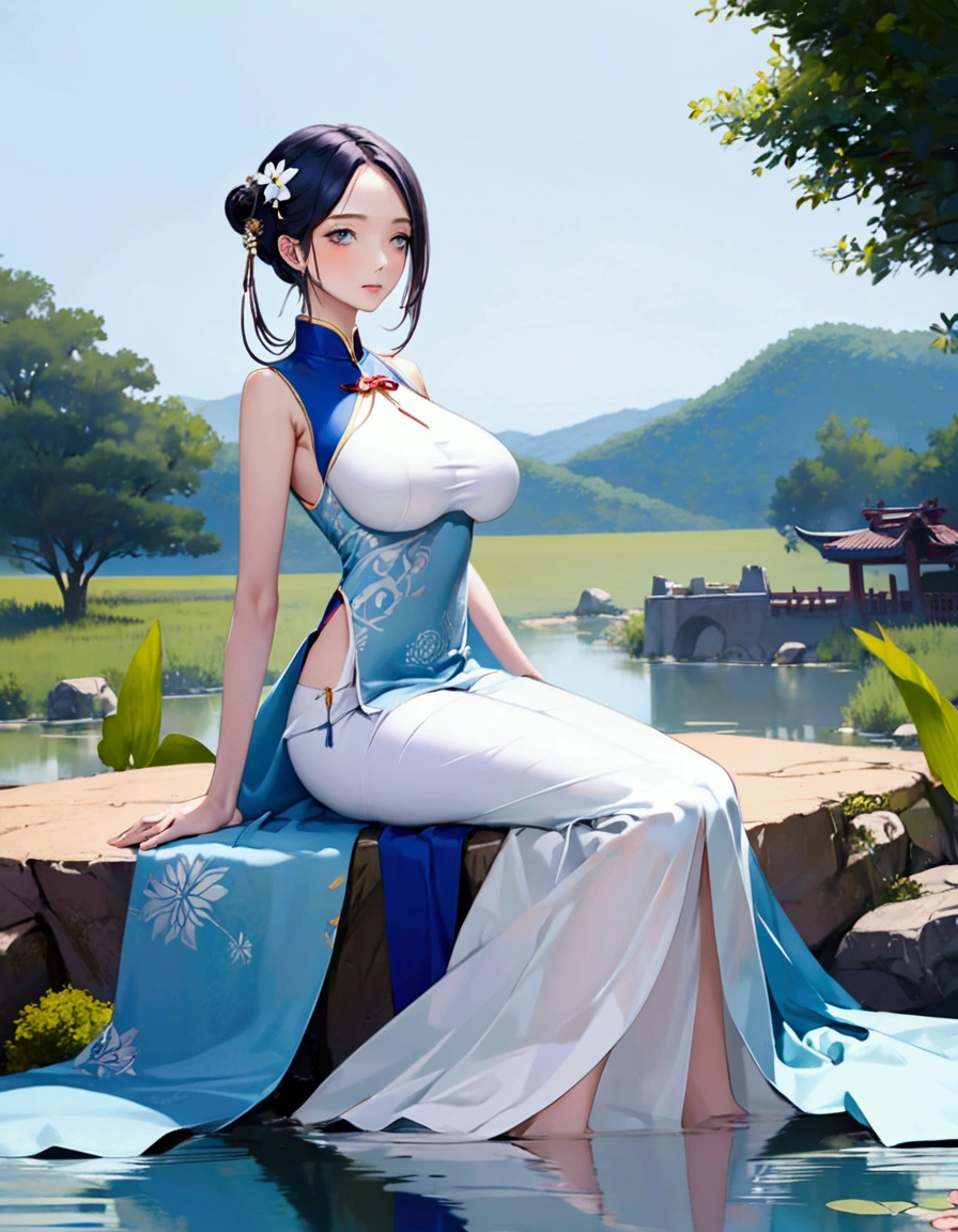 There is a blue dress, 16 long legs, a clock work robot (obvious gears and mechanical seams) woman sitting on a rock in the water, standing elegantly on a lotus flower, mechanical beauty, wearing a blue cheongsam, court, a girl in Hanfu, wearing a blue cheongsam, full of fairy Xia, in the pond, white Hanfu, a stunning young ethereal figure, flowing dress, light blue, hair behind ear
