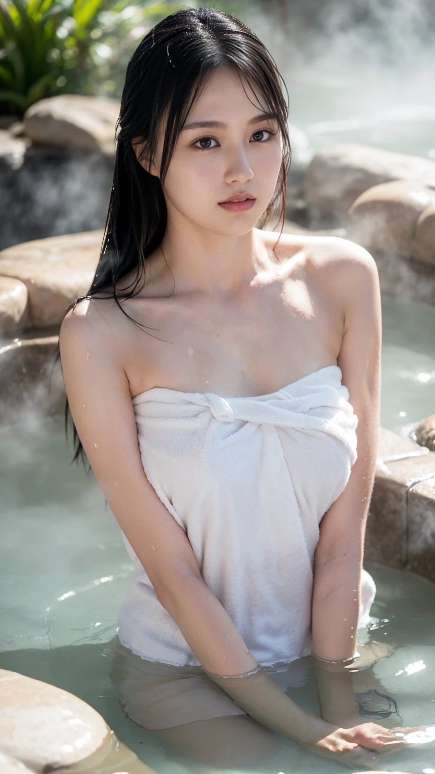 (8K, Best Quality, Masterpiece: 1.2), (Realistic, Photorealistic: 1.37), Ultra Detailed, Soft Light, One Girl, Cute, Solo, Beautiful Details Sky, Open Window, Blush, Pink Cheeks, (Shy Face: 1.15), (Shut Up), (Skinny: 1.7), (Flat Chest: 1.9), (Small Breast: 1.9), (Small Breast: 1.9), Beautiful delicate eyes, beautiful delicate nose, rain, (medium hair: 1.5), puffy novafrog style, visible, (black hair), squinted, thin eyebrows, mature face, ((towel slippery, wet skin, wet hair, wet face, disheveled hair)), arms outstretched, hands grabbing one side of the tub))), open-air bath, Japan hot spring, hot spring, night