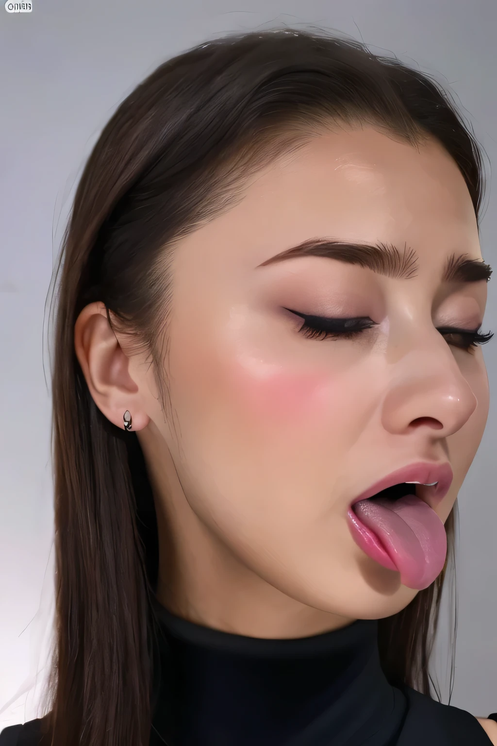 Taylor Hill、High resolution realistic photos,8k,Realistic skin texture,1 girl,Tabletop,,Awards - Winning Photos, Very detailed, Close your eyes, Nose and mouth,Face Focus, Extreme close up of face、Woman with open mouth and closed eyes, Black camisole、20-year-old,Black-haired、Symmetrical face,Realistic nostrils、Angle from below、Elongated C-shaped nostrils,((Gray background))、Sweaty skin、Lighting that highlights glowing skin caused by sweat、((Sharp Nose))Skin shiny with sweat、Glowing Skin、Sweaty hair、sunlight、Deep Kiss、((Thin eyebrows))((Oily skin、Glowing Skin))、double eyelid、Wet and shiny tongue、Tied Hair、updo、Lift your head(((Long Tongue, traces of saliva)))((Super wet skin))(((Profile with a wide nasal septum,nasal septum,profile)))