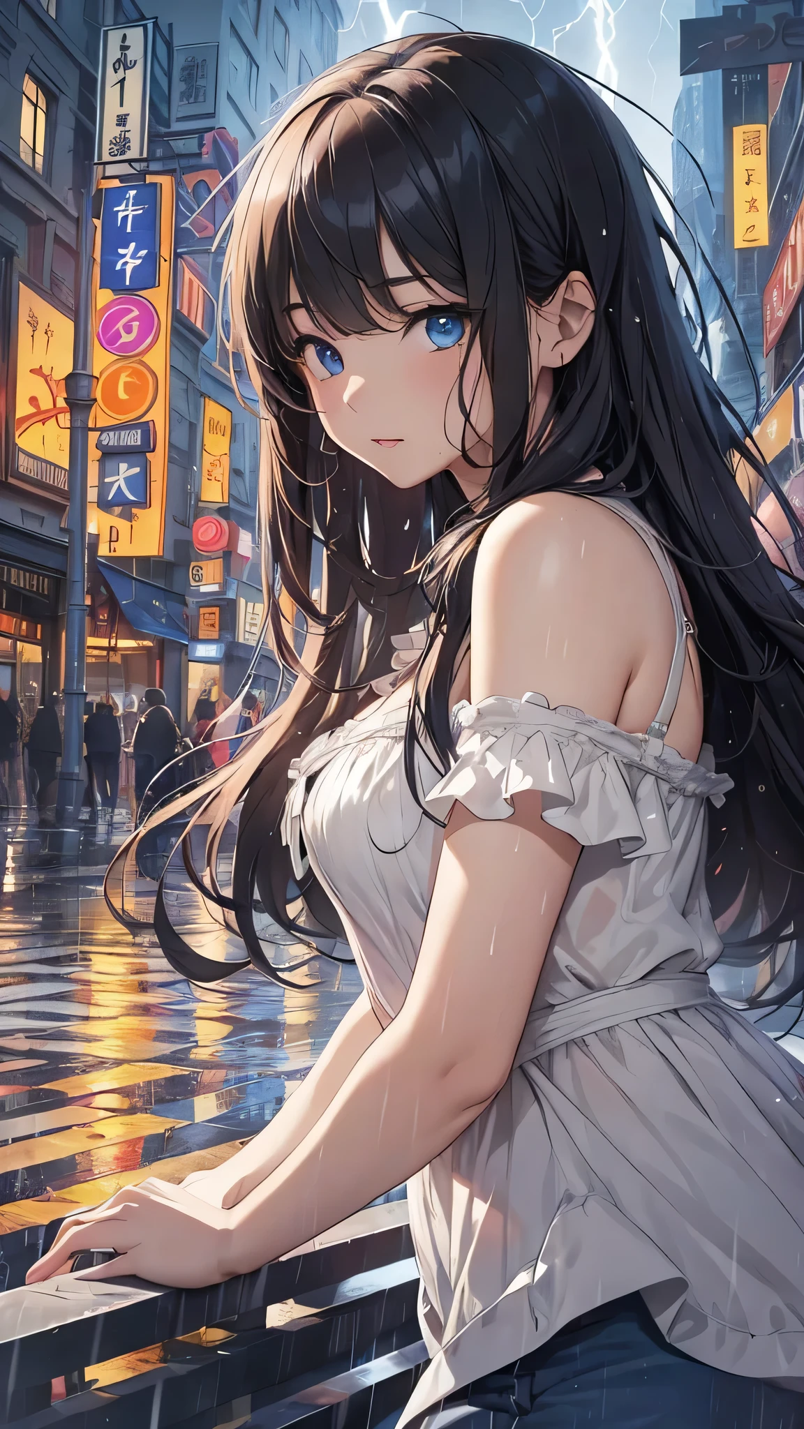 最high quality、Best image quality、masterpiece、With a girl((cute、16 years old、Best Bust、Medium Bust、Beautiful Blue Eyes、Spread your chest wide,Black Hair、Disheveled Hair、thin、Highest Valley、Black Dresy whole body is wet、Lying on your back))high quality、Beautiful art、background((night、heavy rain、City、Lightning strikes、In front of the hotel)),Tabletop、Exquisite design、Visual Arts、Written boundary depth、Best lighting、Highest detail、8k
