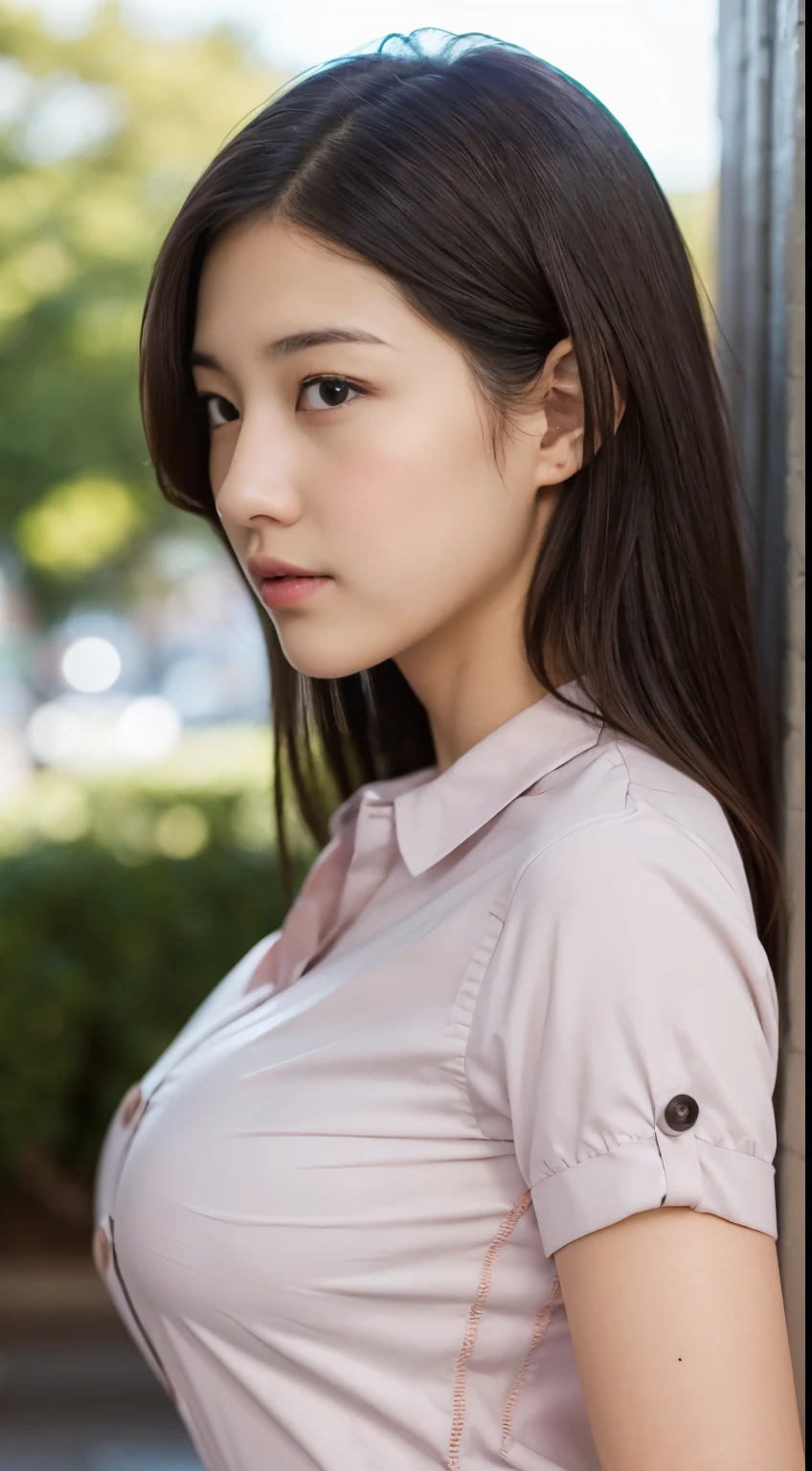 Detailed face、Detailed eyes、Detailed mouth、Detailed nose、(Very tight buttoned shirt:1.3)、(Shooting from the side:1.2)、Very cute girl、beautiful girl、Big Breasts、Cute Japanese Woman、、high school girl、Young girl