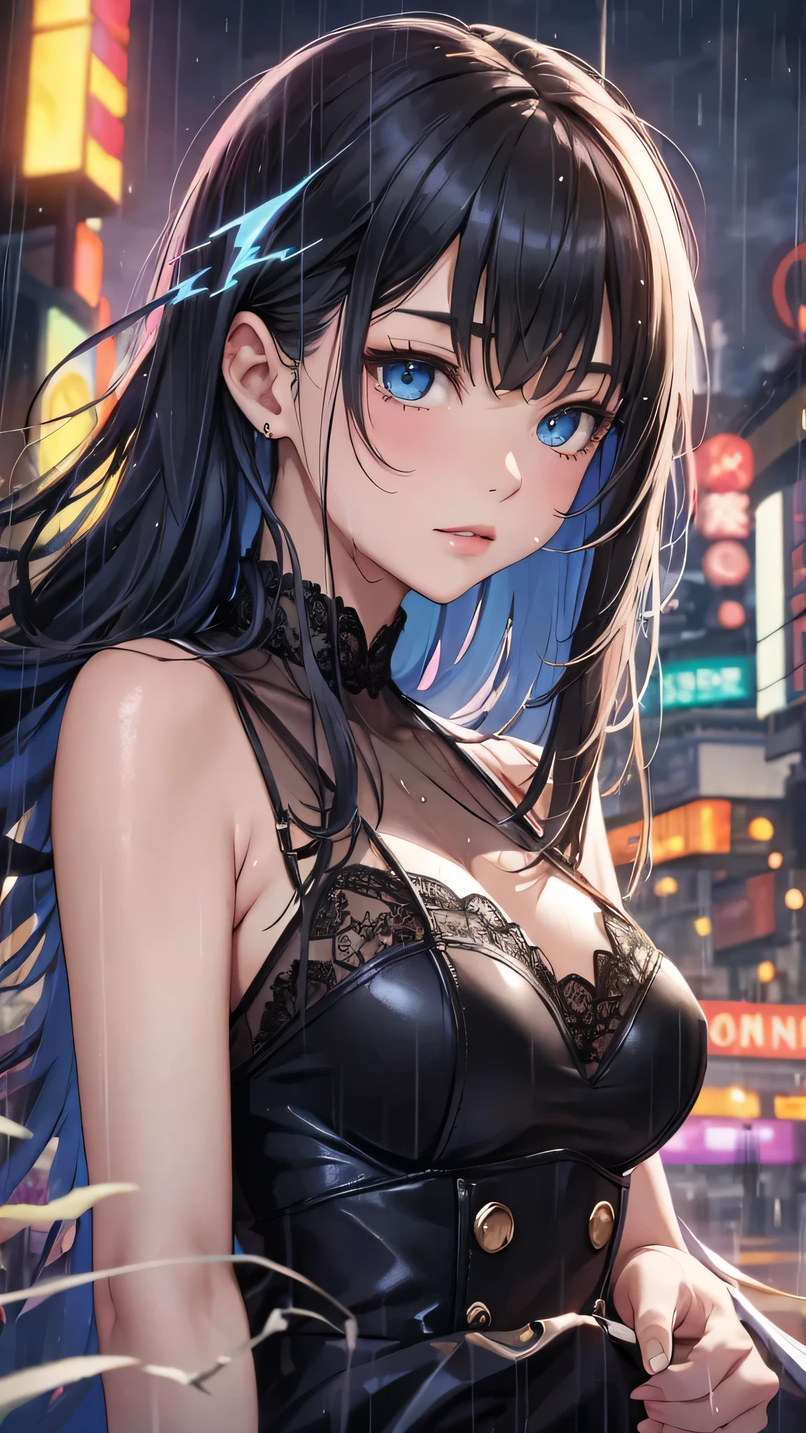 最high quality、Best image quality、masterpiece、With a girl((cute、、Best Bust、Medium Bust、Beautiful Blue Eyes、Spread your chest wide,Black Hair、Disheveled Hair、thin、Highest Valley、Black Dresy whole body is wet、Lying on your back)）high quality、Beautiful art、background((night、heavy rain、City、Lightning strikes、In front of the hotel)),Tabletop、Exquisite design、Visual Arts、Written boundary depth、Best lighting、Highest detail、8ｋ