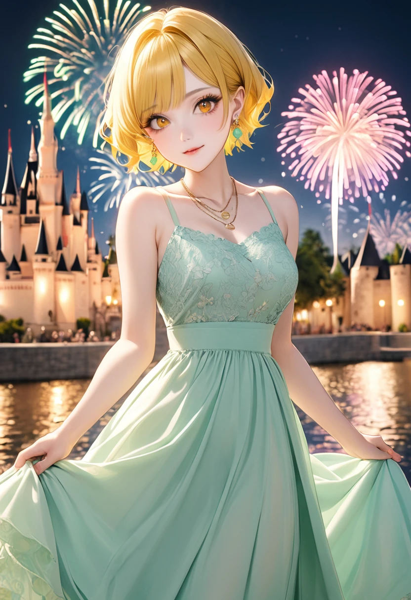 1 female Short yellow hair Yellow eyebrows Orange eyes society Pastel green long dress Castle and fireworks Earrings and matching necklace