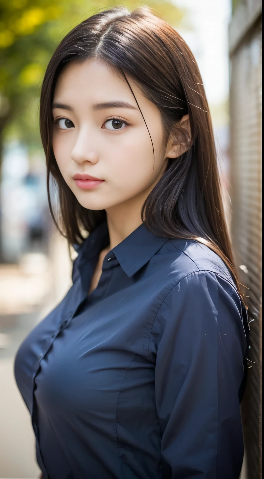 Detailed face、Detailed eyes、Detailed mouth、Detailed nose、(Very tight buttoned shirt:1.3)、(Shooting from the side:1.2)、Very cute girl、beautiful girl、Big Breasts、Cute Japanese Woman、17 years old、high school girl、Young girl