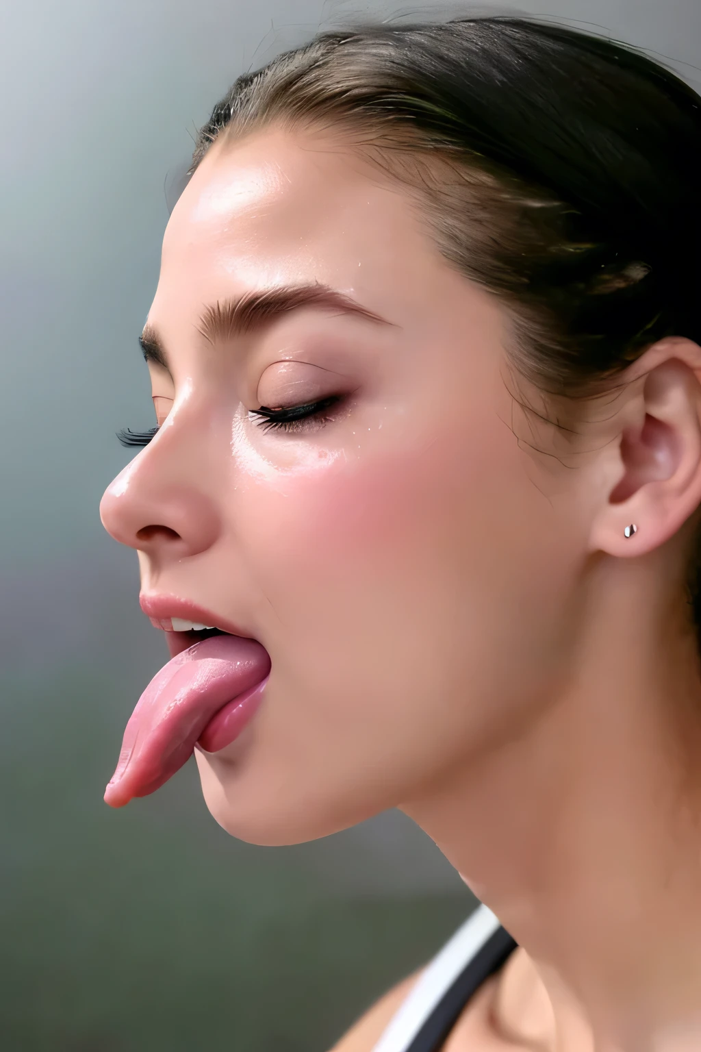 Taylor Hill、High resolution realistic photos,8k,Realistic skin texture,1 girl,Tabletop,,Awards - Winning Photos, Very detailed, Close your eyes, Nose and mouth,Face Focus, Extreme close up of face、Woman with open mouth and closed eyes, Black camisole、20-year-old,Black-haired、Symmetrical face,Realistic nostrils、Angle from below、Elongated C-shaped nostrils,((Gray background))、Sweaty skin、Lighting that highlights glowing skin caused by sweat、((Sharp Nose))Skin shiny with sweat、Glowing Skin、Sweaty hair、sunlight、Deep Kiss、((Thin eyebrows))((Oily skin、Glowing Skin))、double eyelid、Wet and shiny tongue、Tied Hair、updo、Lift your head(((Long Tongue, traces of saliva)))((Super wet skin))(((Profile with a wide nasal septum,nasal septum,profile)))