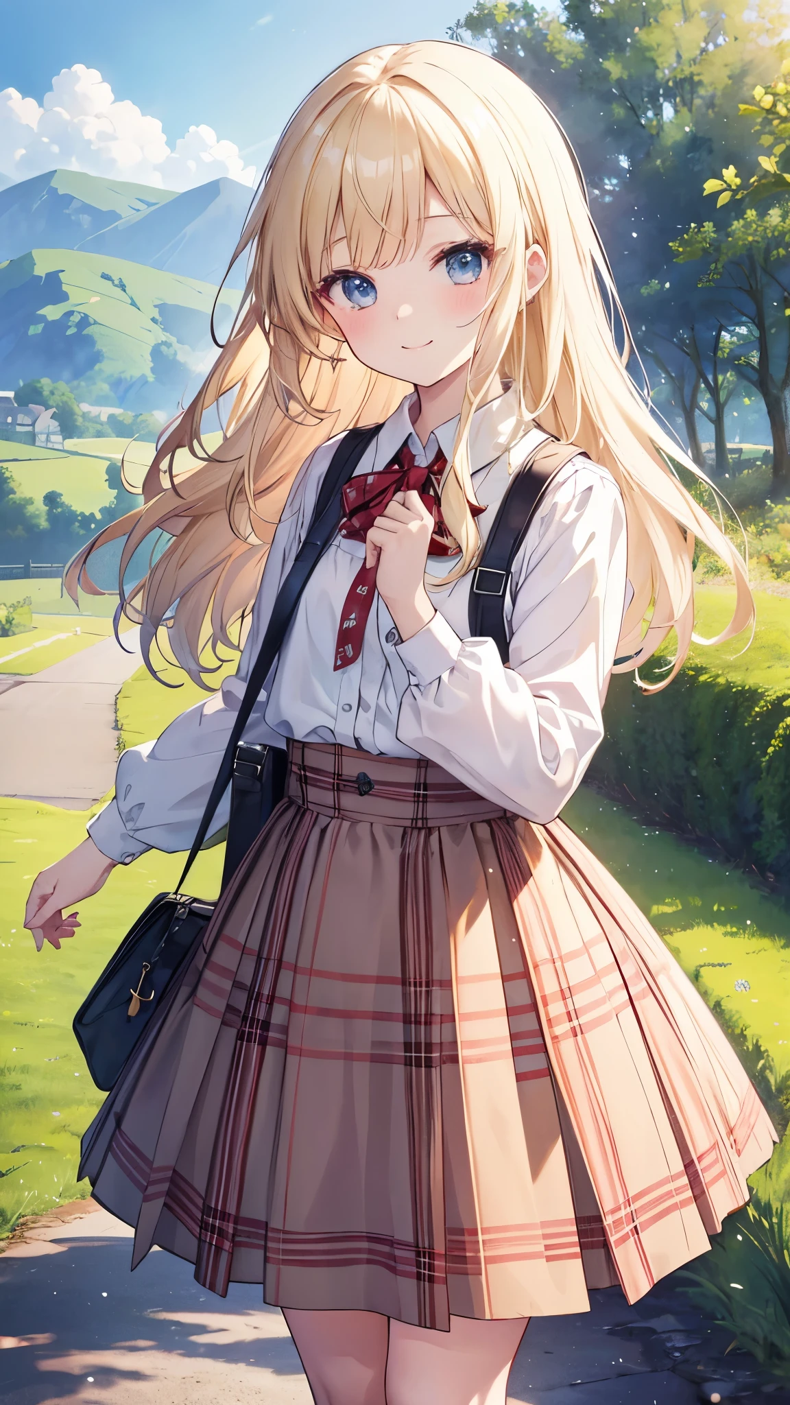 Wearing a small dress((masterpiece)), ((Highest quality)), ((High resolution)), ((In detail))、England、Anime style white woman、blonde、smile、Happy expression、Daytime、Rural Scenery、cute、beautiful、Embarrassing cheeks、Tartan Skirt、Bagpipes