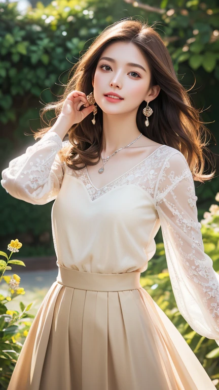 (Highest quality、 8k 、masterpiece、High resolution)、wallpaper、Young Woman、Ample breasts、Beautiful clavicle、Slender beauty、(Brown hair medium、My hair is blowing in the wind、Flows backwards)、whole body、 (Beautiful Face,Beautiful Eyes,Beautiful nose,Pretty lips)、(Flower Earrings、silver heart pendant necklace)、(Feminine Style、White 3/4 sleeve lace blouse、Beige see-through long skirt)、Her mouth opens slightly and a smile appears.、Dynamic pose、Outdoor、garden、Colorful flowers、looking at the camera、Professional Lighting、Professional photographer、
