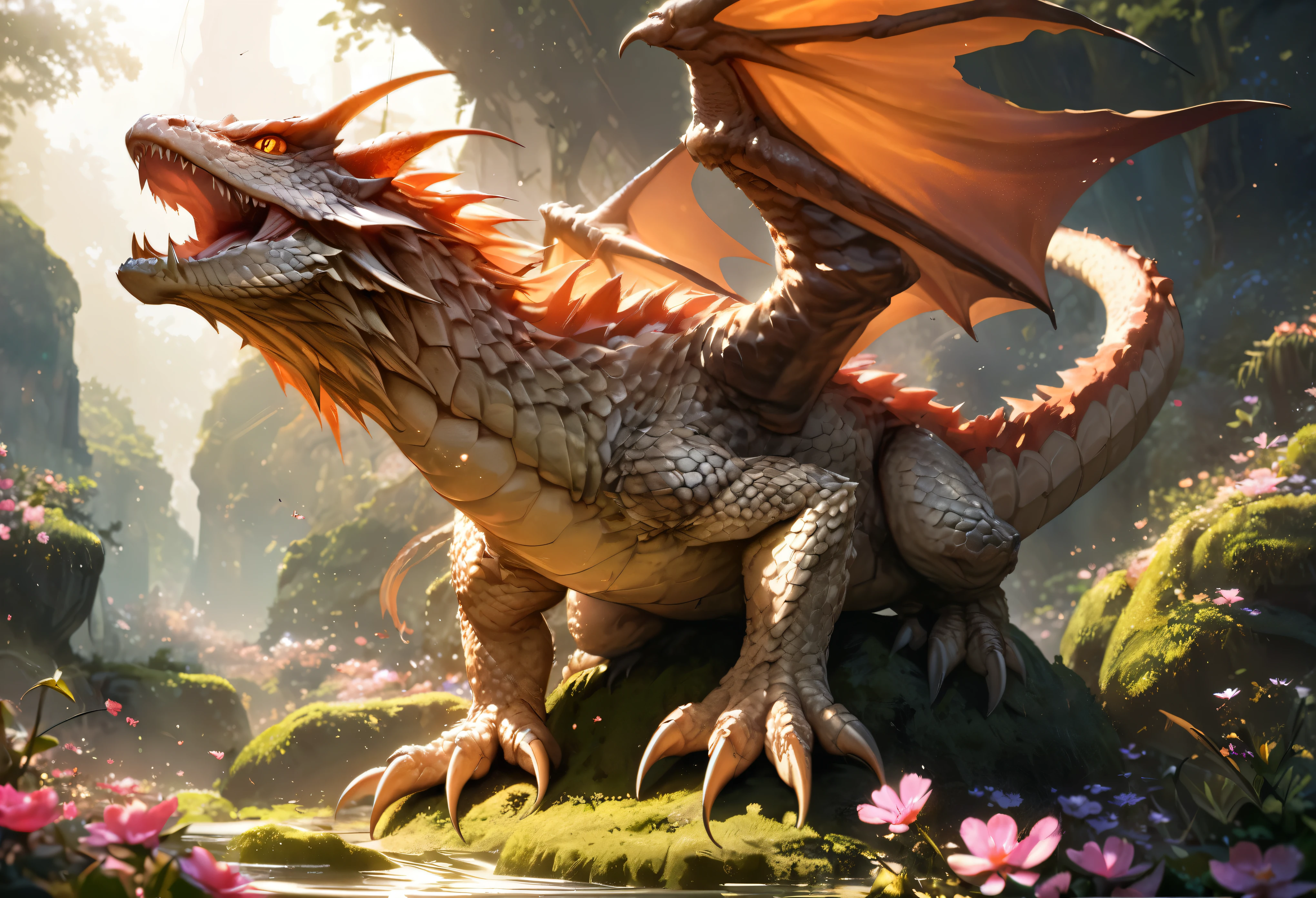 Wings:1,(best quality,realistic,ultra-detailed),dragon and bearded dragon hybrid,bearded dragon,tan and albino coloring,scaly texture,detailed scales,sharp claws,piercing eyes,long tail,wings sprouting from the back of the dragon,majestic posture,in a lush garden surrounded by blooming flowers,on top of a moss-covered rock,soft sunlight casting warm shadows,vibrant colors,powerful presence,natural blending of dragon and bearded dragon features,exquisite attention to detail, horn, swam environment