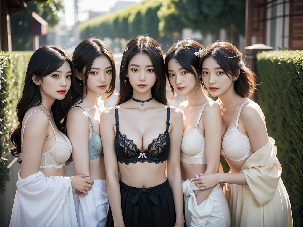 (bra:1.3),Three Girls, length_hair, bright_hair_color, Fascinating_eye, mysterious_Performance, Mature Woman_exterior, , elegant_jewelry, complicated_Decoration, magic_symbol, Shine_accessories, Portion, Scroll, cute_accent, bow, ribbon, Flowers,A tiny bit of cleavage is visible,sexy