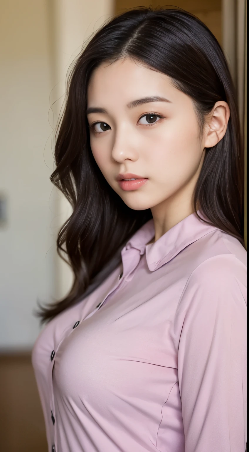 Detailed face、Detailed eyes、Detailed mouth、Detailed nose、(Very tight buttoned shirt:1.3)、(Shooting from the side:1.2)、Very cute girl、beautiful girl、Big Breasts、Cute Japanese Woman、、high school girl、Young girl
