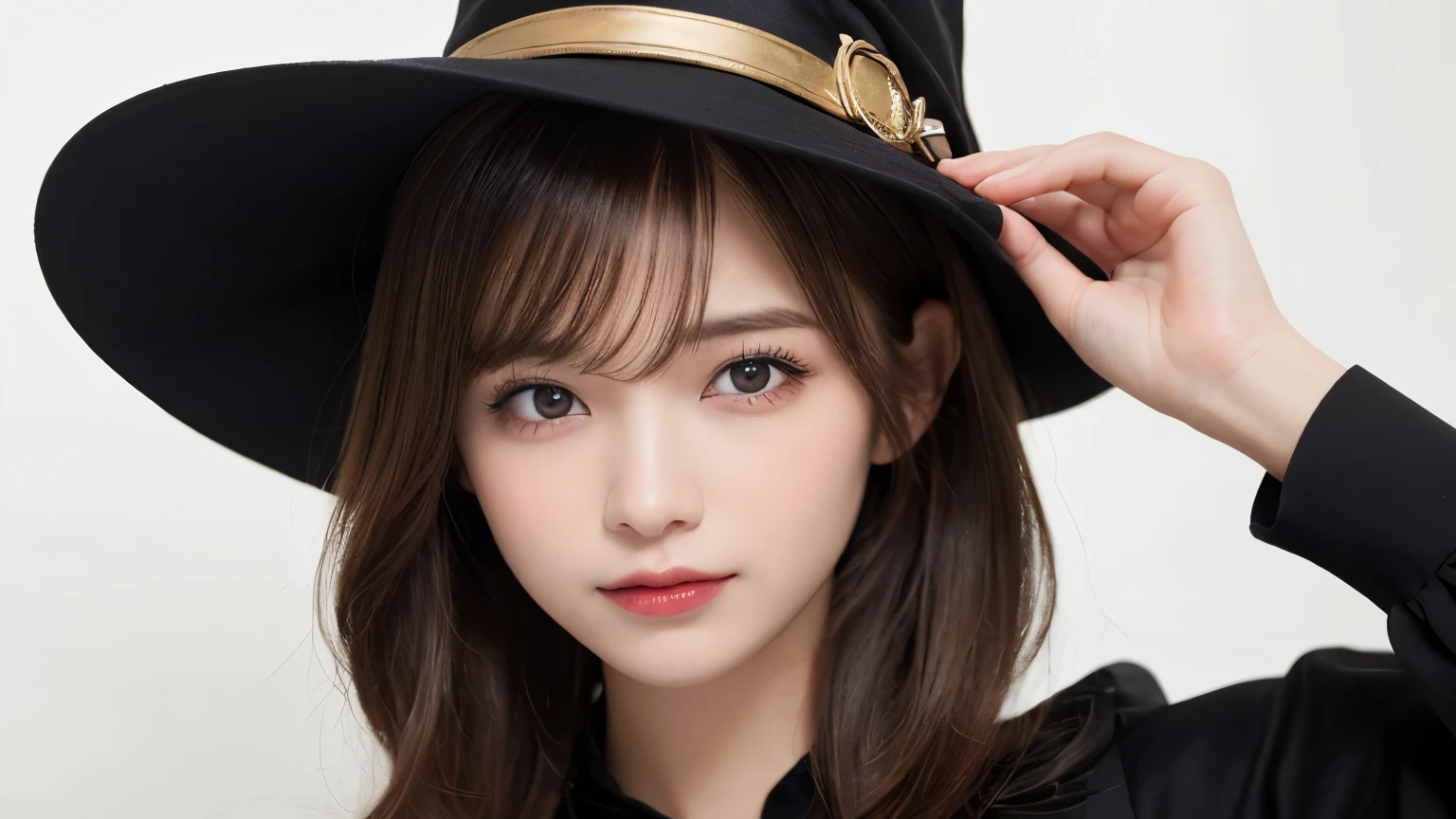 white background, half body portrait, one girl, (a beauty girl, delicate girl:1.3), (20 years old:1.3), break, (witch costume, Witch hat, Witch clothes), break, (gates of hell:1.2), break, very fine eyes, (symmetrical eyes:1.3), break, small breasts, brown eyes, parted bangs, brown hair, (smile), break, (eyes and faces with detailed:1.0), break, (masterpiece, best quality, ultra detailed, detailed face, 8k)