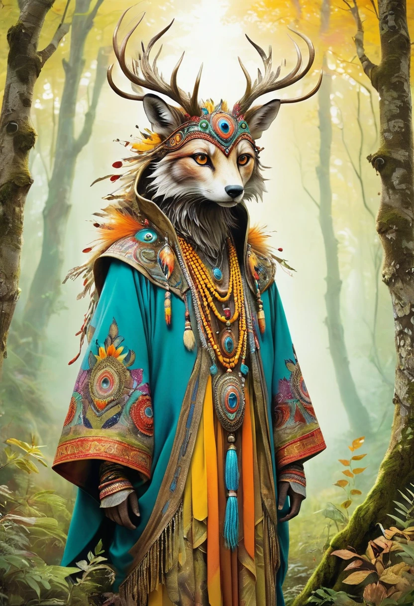 Create an image of a mystical creature that resembles a humanoid animal, draped in heavy, richly decorated garments. Its head should feature a distinct combination of animalistic and human facial elements, and its eyes should glow with a warm, enchanting light. The overall palette should be dynamic, with vibrant colors especially accentuated in the figure's attire and facial features. The background should be a blurry array of natural hues, suggesting a traditional woodland setting.