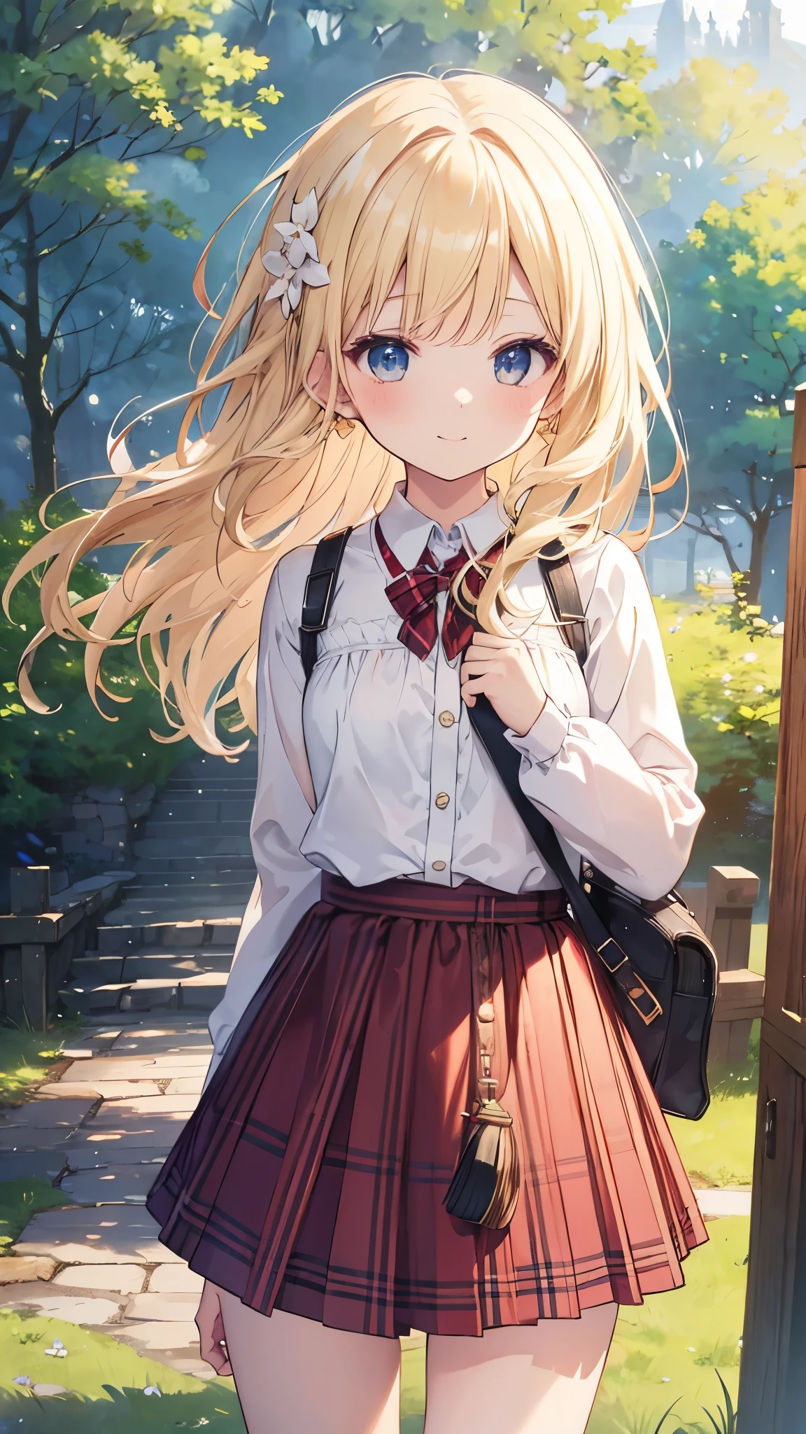 Wearing a small dress((masterpiece)), ((Highest quality)), ((High resolution)), ((In detail))、England、Anime style white woman、blonde、smile、Happy expression、Daytime、Rural Scenery、cute、beautiful、Embarrassing cheeks、Tartan Skirt、Bagpipes