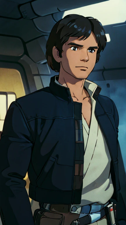 (a man as Han Solo), (extremely detailed CG unit 8k wallpaper),(master part), (best quality), (ultra detail), (best illustration),(ghibli style), cowboy shot,(Sharp eyeliner, ombre, detailed eyes:1), millenium falcon interiors background,break,upper body,short hair,black hair