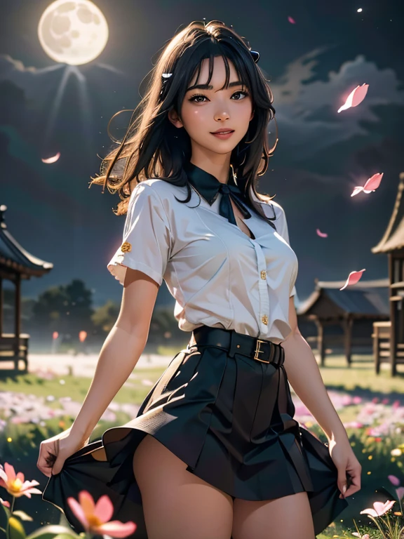 masterpiece, Highest quality, One girl, (colorful),(Beautifully detailed eyes and face),cinematic Lighting,Bust Shot,Highly detailed CG Unity 8k wallpaper,Gray Hair,alone,smile,Complex skirt,((Flying petals)),(Flowery meadow) null, cloudy_null, building, moonLight, moon, night, (Dark Theme:1.3), Light, Fantasy,