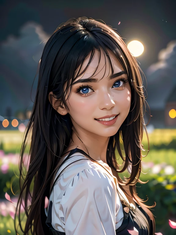 masterpiece, Highest quality, One girl, (colorful),(Beautifully detailed eyes and face),cinematic Lighting,Bust Shot,Highly detailed CG Unity 8k wallpaper,Gray Hair,alone,smile,Complex skirt,((Flying petals)),(Flowery meadow) null, cloudy_null, building, moonLight, moon, night, (Dark Theme:1.3), Light, Fantasy,