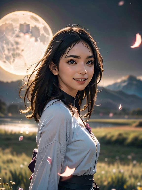 masterpiece, Highest quality, One girl, (colorful),(Beautifully detailed eyes and face),cinematic Lighting,Bust Shot,Highly detailed CG Unity 8k wallpaper,Gray Hair,alone,smile,Complex skirt,((Flying petals)),(Flowery meadow) null, cloudy_null, building, moonLight, moon, night, (Dark Theme:1.3), Light, Fantasy,