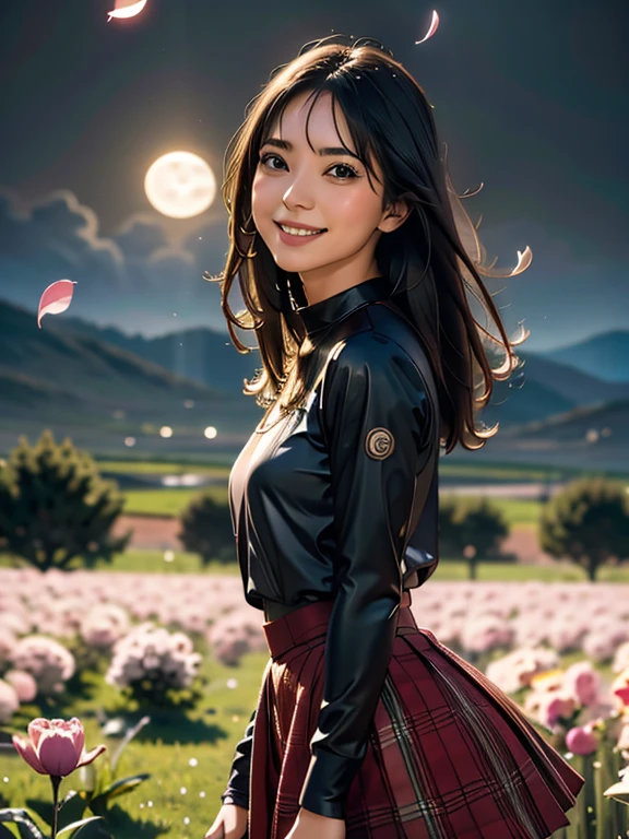 masterpiece, Highest quality, One girl, (colorful),(Beautifully detailed eyes and face),cinematic Lighting,Bust Shot,Highly detailed CG Unity 8k wallpaper,Gray Hair,alone,smile,Complex skirt,((Flying petals)),(Flowery meadow) null, cloudy_null, building, moonLight, moon, night, (Dark Theme:1.3), Light, Fantasy,