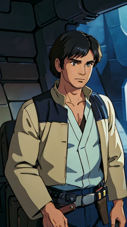 (a man as Han Solo), (extremely detailed CG unit 8k wallpaper),(master part), (best quality), (ultra detail), (best illustration),(ghibli style), cowboy shot,(Sharp eyeliner, ombre, detailed eyes:1), millenium falcon interiors background,break,upper body,short hair,black hair