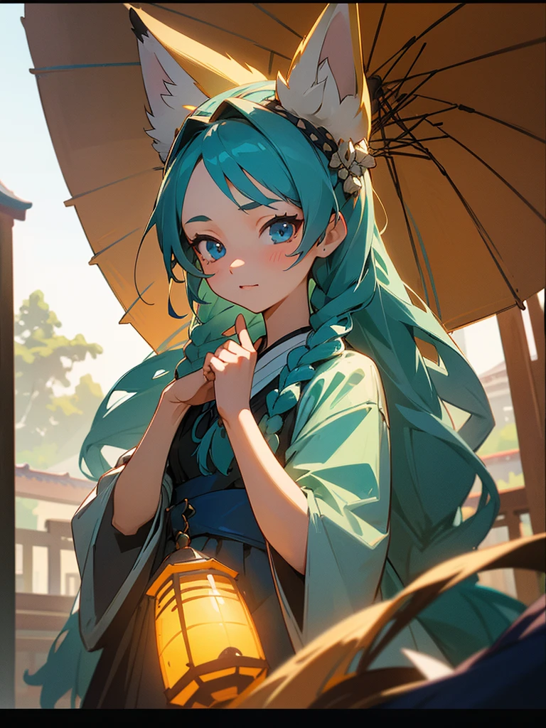 1girl, , long hair with loose side braids, teal blue eyes, cute expression, small bust, wearing a fox bride dress, shrine gate, lanterns in the background, detailed background, highly detailed, masterpiece, vibrant colors, photorealistic, studio lighting, hyper detailed, 8k, best quality