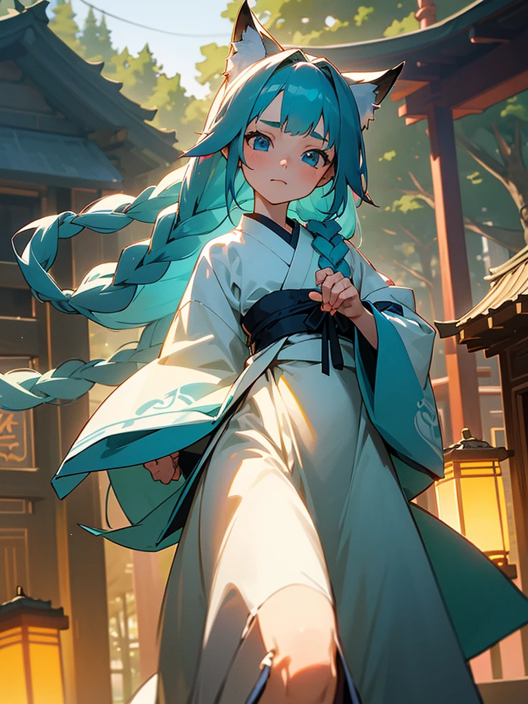 1girl, , long hair with loose side braids, teal blue eyes, cute expression, small bust, wearing a fox bride dress, shrine gate, lanterns in the background, detailed background, highly detailed, masterpiece, vibrant colors, photorealistic, studio lighting, hyper detailed, 8k, best quality