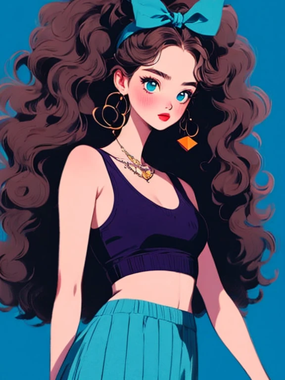 (masterpiece, highest quality: 1.2), one beautiful girl, exquisite facial features, skin detail processing, eyes are very detailed, fine hair, fluffy hair, long hair, curls, ribbon headband, loose tank top, geometric pattern, cool, skirt, retro contrasting colors, pretty background, green, blue, red,