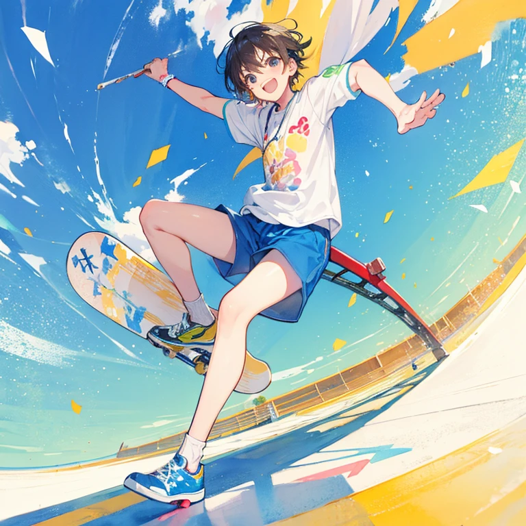 The joy of winning the gold medal in skateboarding、Pastel color watercolor style