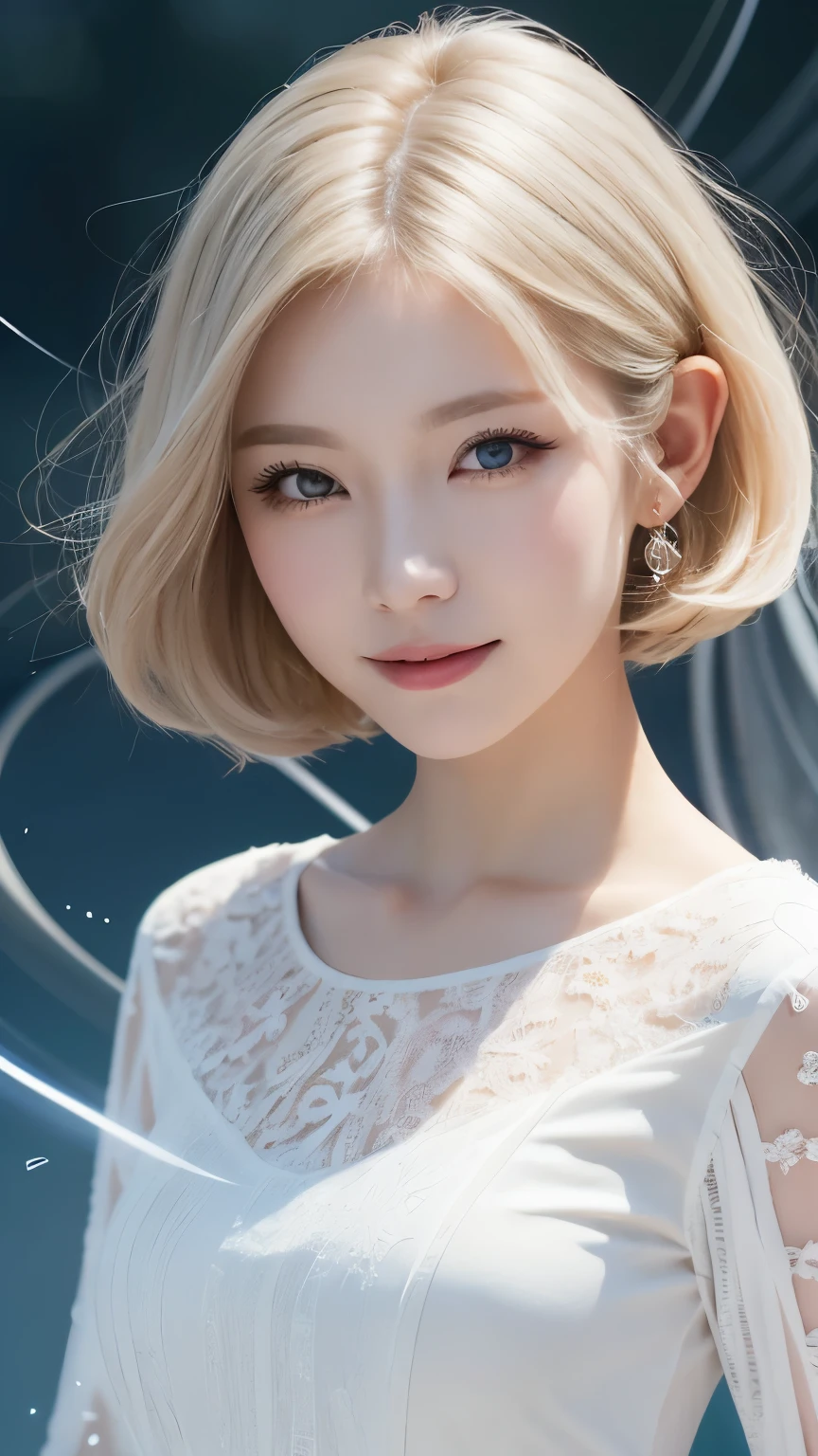 Silver Hair、(masterpiece, Highest quality, Highest, Official Art, beautifully、beautiful, exposed for a long time: 1.2), Smooth movement, Attractive patterns, 1 girl, (Long dress with sleeves: 1.3), (((White clothes) )), Upper Body close-up, Expose your shoulders, Chinese Girl, blush, Black lob hair, Portraiture, alone, Upper Body, Observing the observer, Detailed Background, Detailed face, (Crystal AI, Crystal Theme:1.1), Wind Elf, Rotating wind, Controlling the Wind, White crystal clothes, Dynamic pose, Suspended particles, Aether Dynamics, whirlwind, vapor, whirlwind in the background, White Tone, whirlwind, Great atmosphere,blonde,Fairy, Yellow Hair, Plump face,Random Pause,Big eyes, A light smile
