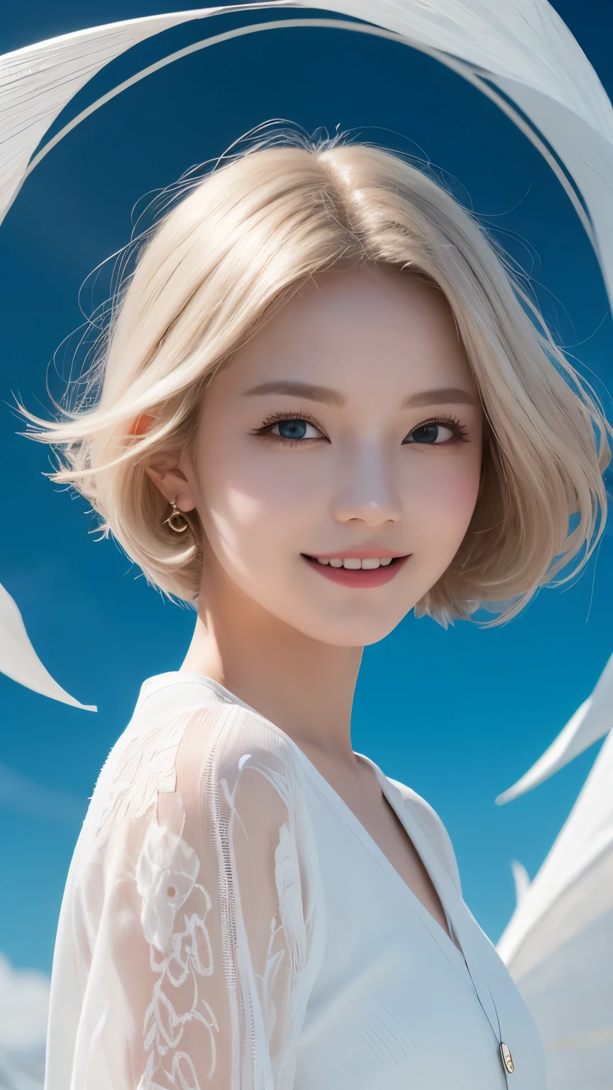 Silver Hair、(masterpiece, Highest quality, Highest, Official Art, beautifully、beautiful, exposed for a long time: 1.2), Smooth movement, Attractive patterns, 1 girl, (Long dress with sleeves: 1.3), (((White clothes) )), Upper Body close-up, Expose your shoulders, Chinese Girl, blush, Black lob hair, Portraiture, alone, Upper Body, Observing the observer, Detailed Background, Detailed face, (Crystal AI, Crystal Theme:1.1), Wind Elf, Rotating wind, Controlling the Wind, White crystal clothes, Dynamic pose, Suspended particles, Aether Dynamics, whirlwind, vapor, whirlwind in the background, White Tone, whirlwind, Great atmosphere,blonde,Fairy, Yellow Hair, Plump face,Random Pause,Big eyes, A light smile