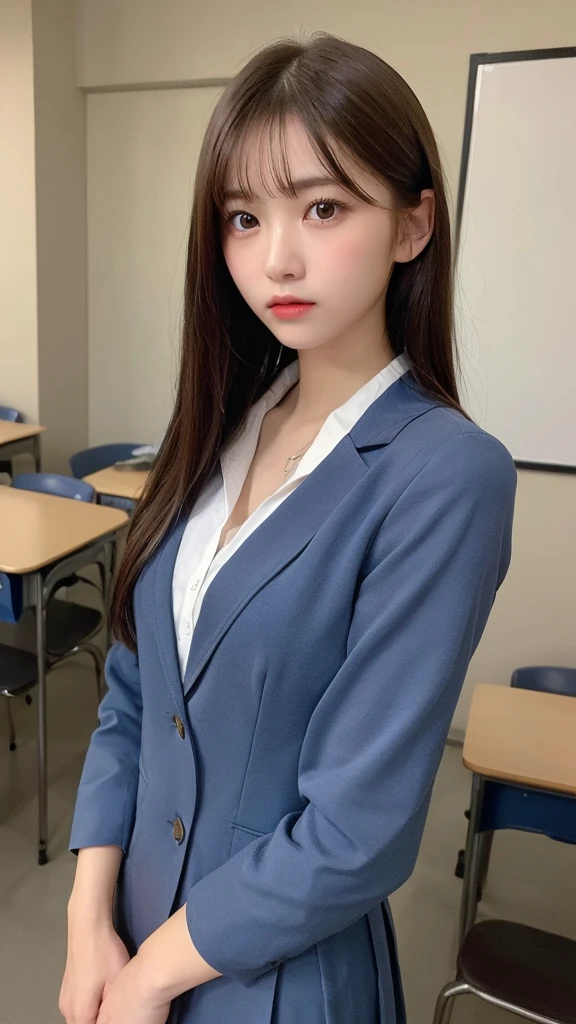 (masterpiece:1.5)、(Realistic:1.5)、(Highest quality:1.4、8k、RAW Photos)、
Ultra-high resolution、Professional Lighting、Perfect dynamic composition、classroom、
Film Grain、chromatic aberration、(Bokeh:1.1)、
Frank、Sophisticated、charm、Surreal、Attention to detail、Golden Ratio、
(1 girl)、Slender girl、Delicate and charming girl、Cute Woman:1.4、
Serious expression、Looking at the audience、Long Hair、
Light brown hair、Shiny Hair、
Realistic looking skin、
Beautiful Eyes、double eyelid、Thin arms、School uniforms、Navy Blue Blazer、Dress shirt、From the waist up