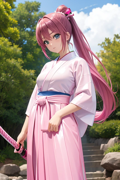 Perfect Anatomy Highest quality,Highest Resolution,(((dark pink hair ponytail Blue and white latex hakama))) Furai no Shiren Asuka Sword cool 22 years old woman