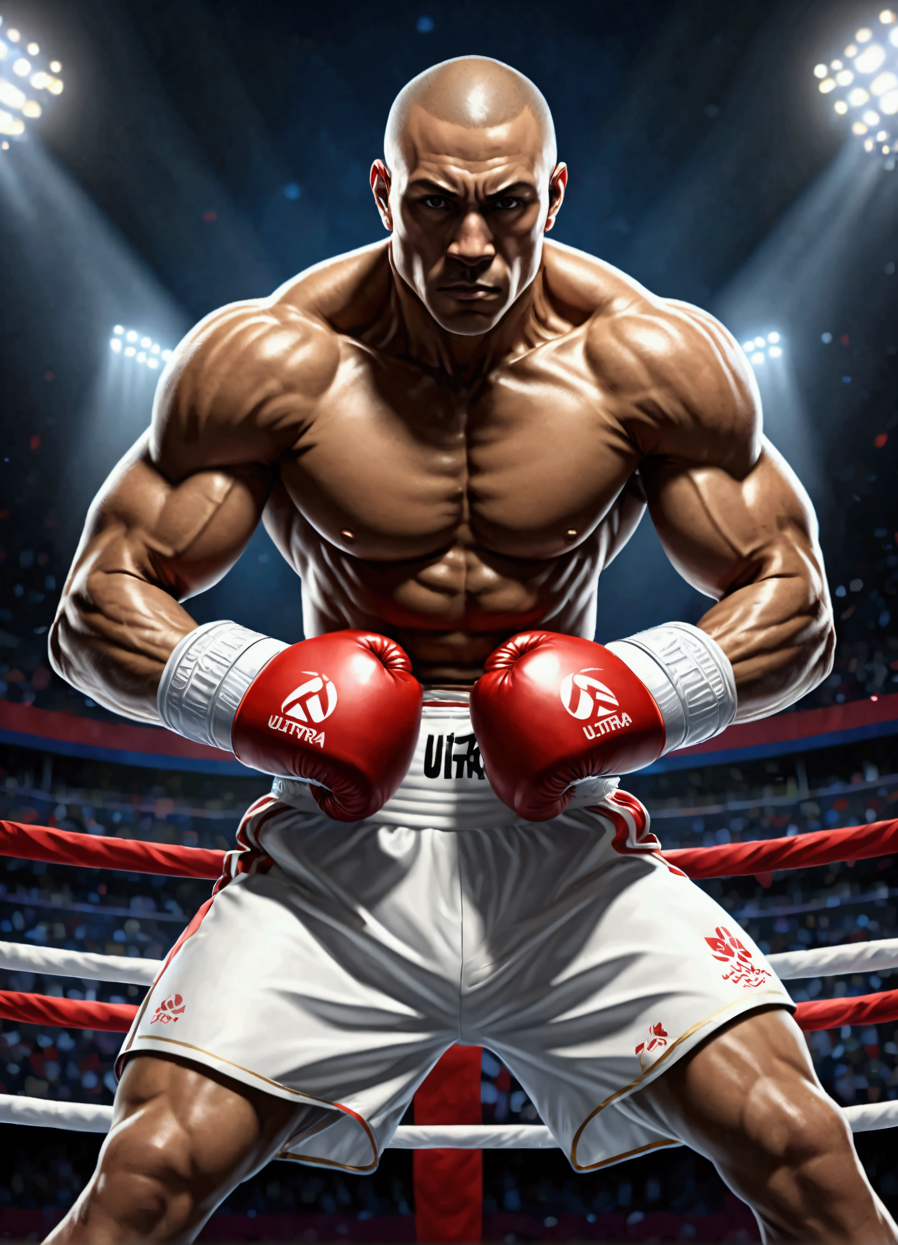 Athlete posing for a photo,boxing player,fighting pose,looks strong,dynamic pose,cool,muscle,whole body,create an artistic background,Background inspired by the Olympics,(masterpiece:1.3),(highest quality:1.4),(ultra detailed:1.5),High resolution,extremely detailed,unity 8k wallpaper,anatomically correct,perfect anatomy,intricate details,In the background, you can see the spectator seats, which give a sense of the atmosphere of the stadium, as well as the Olympic logo and flags.。