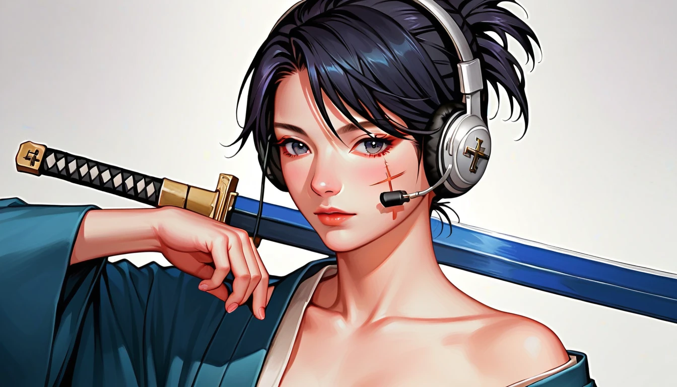 Ink Painting, (((1 person))), (((Cross wound on the face))), ((())), Japanese style headphones, Japanese sword, beautiful girl, Black Hair, Delicate and precise, Modern ukiyo-e style, Female Samurai